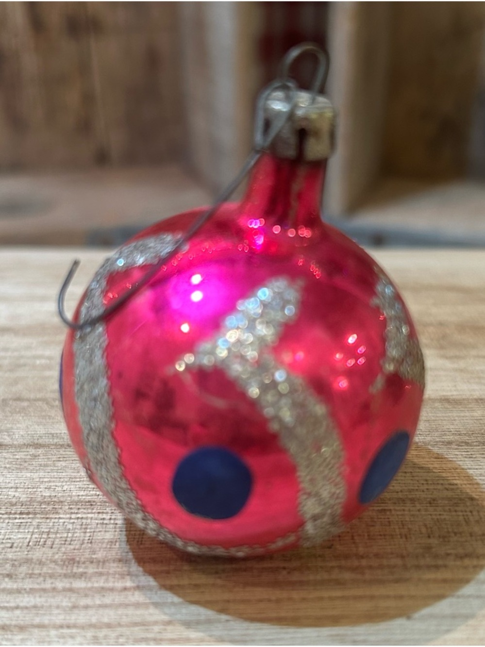 1.6" Mini Mid-Century Mercury Glass Stencil Pink, Silver & Blue dot Christmas Or